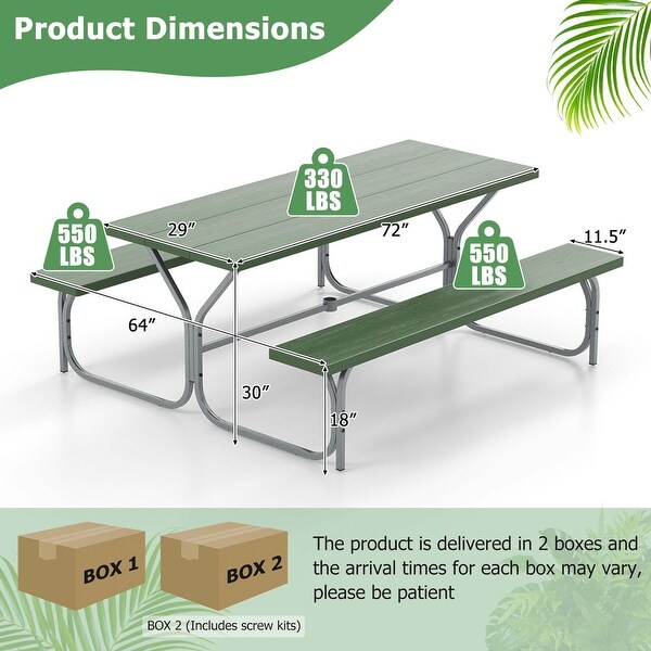 Costway 6 FT Picnic Table Bench Set Outdoor Dining Table and 2 Benches