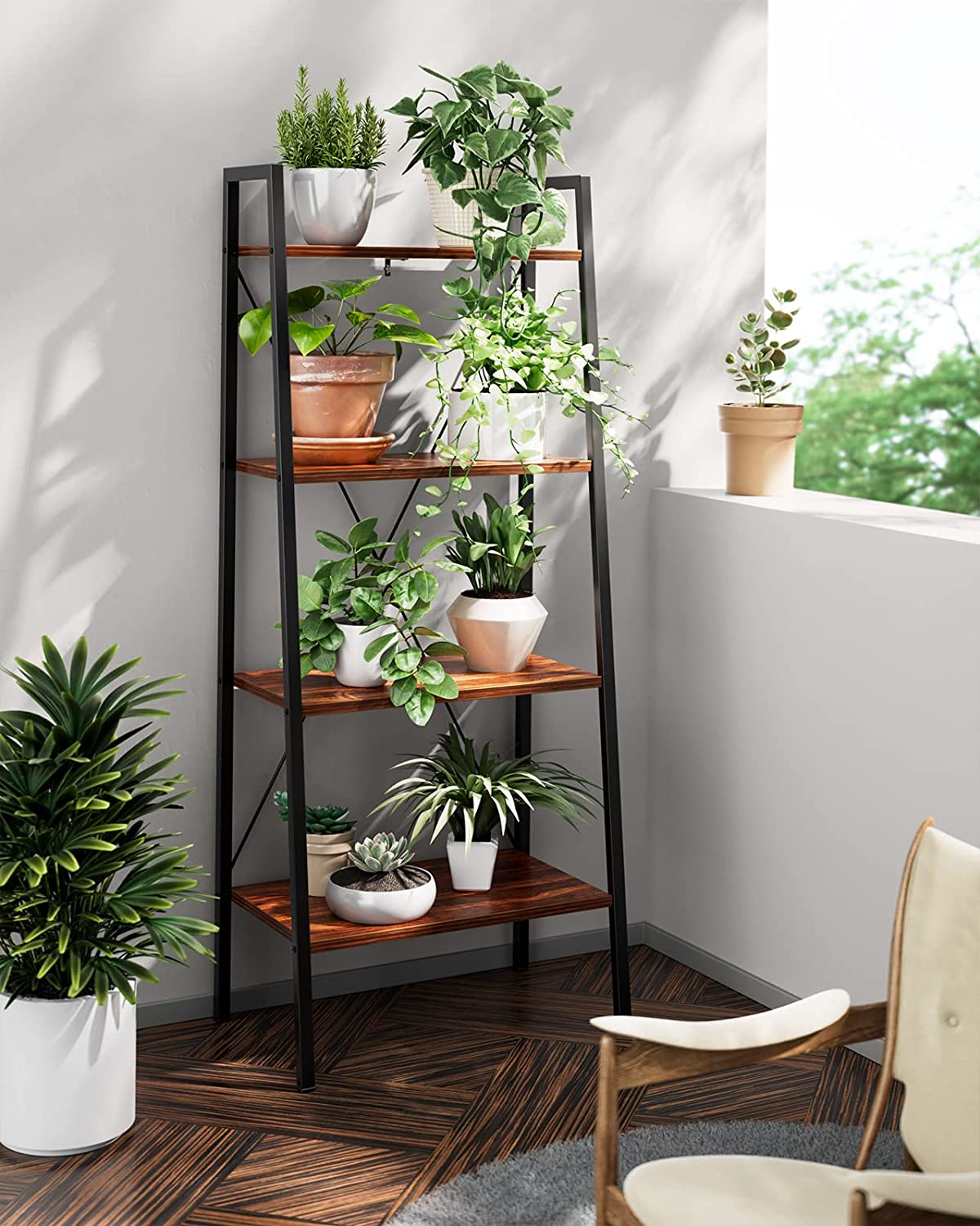 Industrial Ladder Shelf, 4 Tier Bookshelf, Free Standing Bookcase Storage Rack Shelves Plant Flower Stand with Wood Look for Living Room, Bedroom, Kitchen, Bathroom, Home Office, Balcony