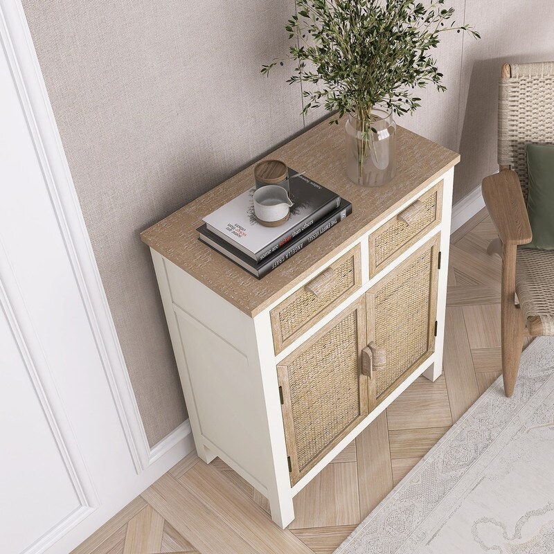 Vintage Style Storage Cabinet with 2 Drawers and 2 Doors  Buffets Sideboard with Sleek Wooden Handles  Antique White