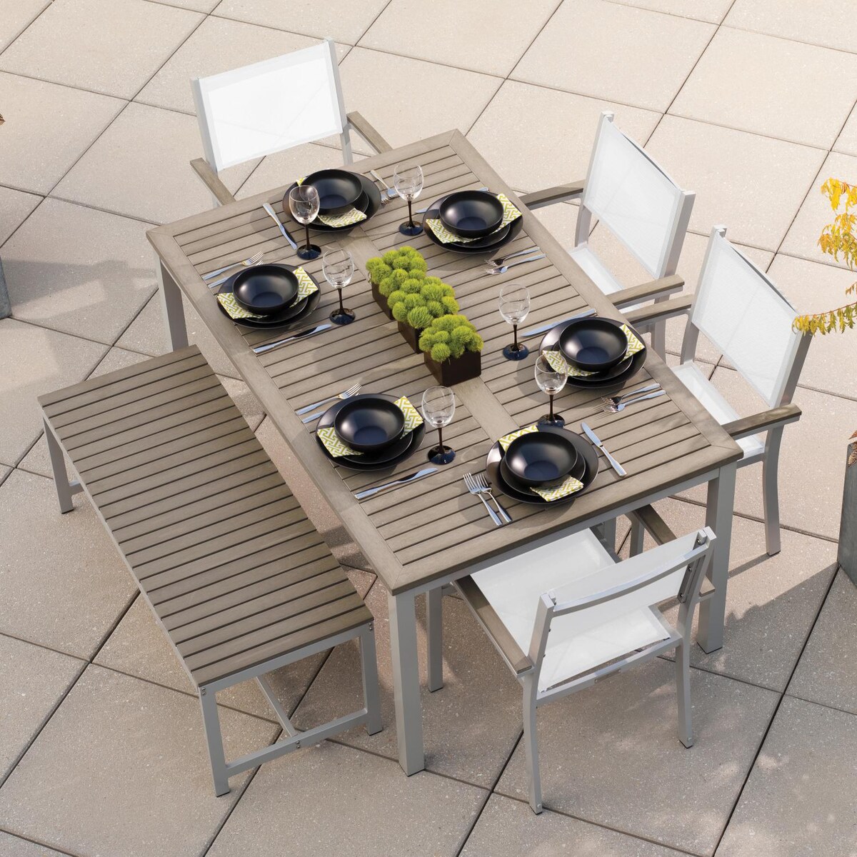 Oxford Garden Travira 6 Piece Flint Aluminum Patio Dining Set W/ Natural Sling Armchairs， 63-Inch Rectangular Vintage Tekwood Table and Backless Bench