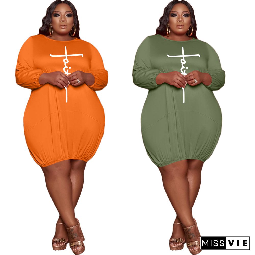 Plus Size Long Sleeve O Neck Loose Midi Dress