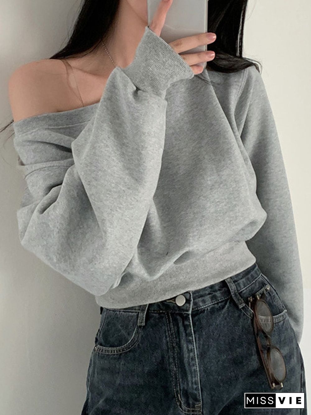 Solid One Shoulder Short Sweatshirt