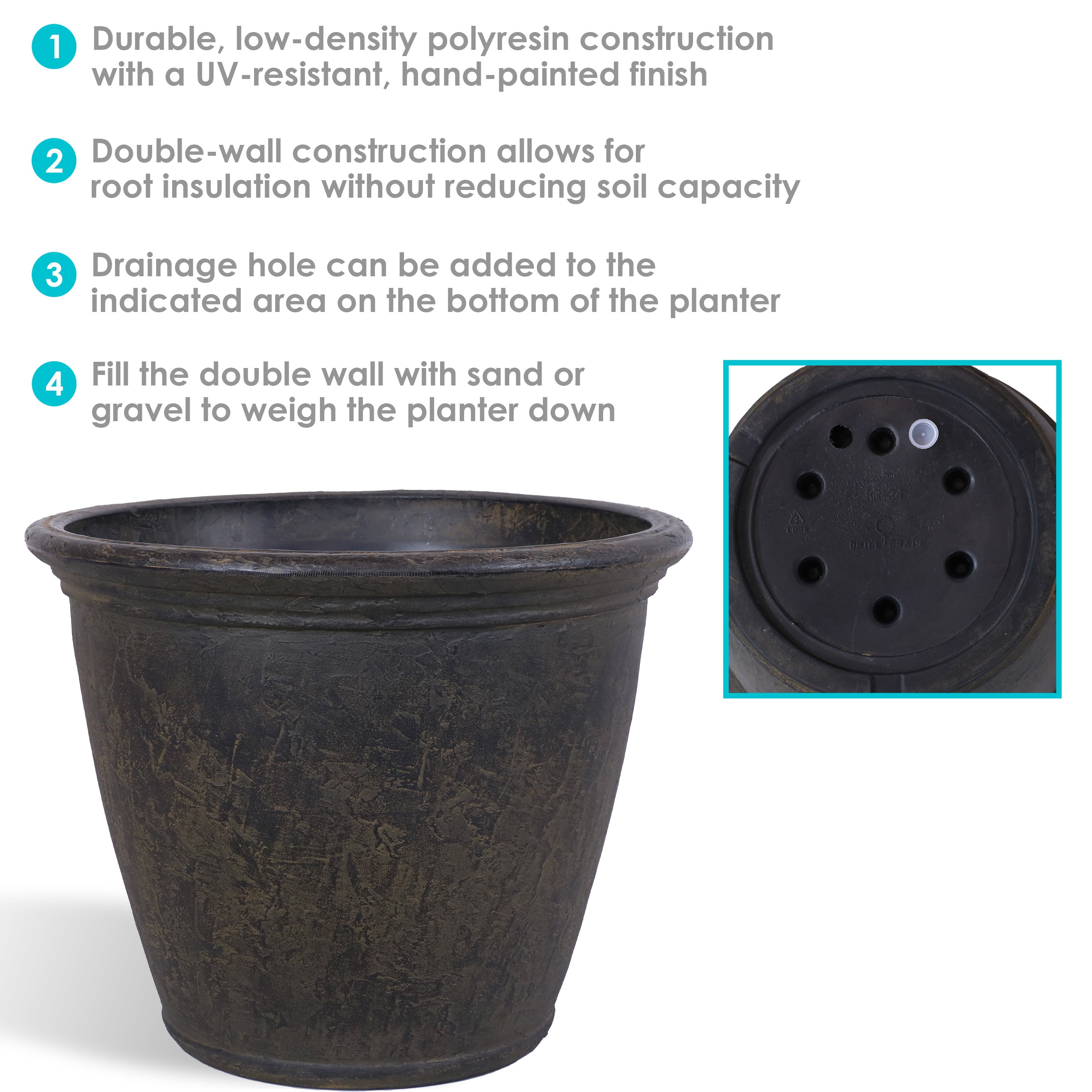 Sunnydaze Anjelica Polyresin Indoor/Outdoor Unbreakable Double-Walled UV-Resistant Flower Pot Planter - 24