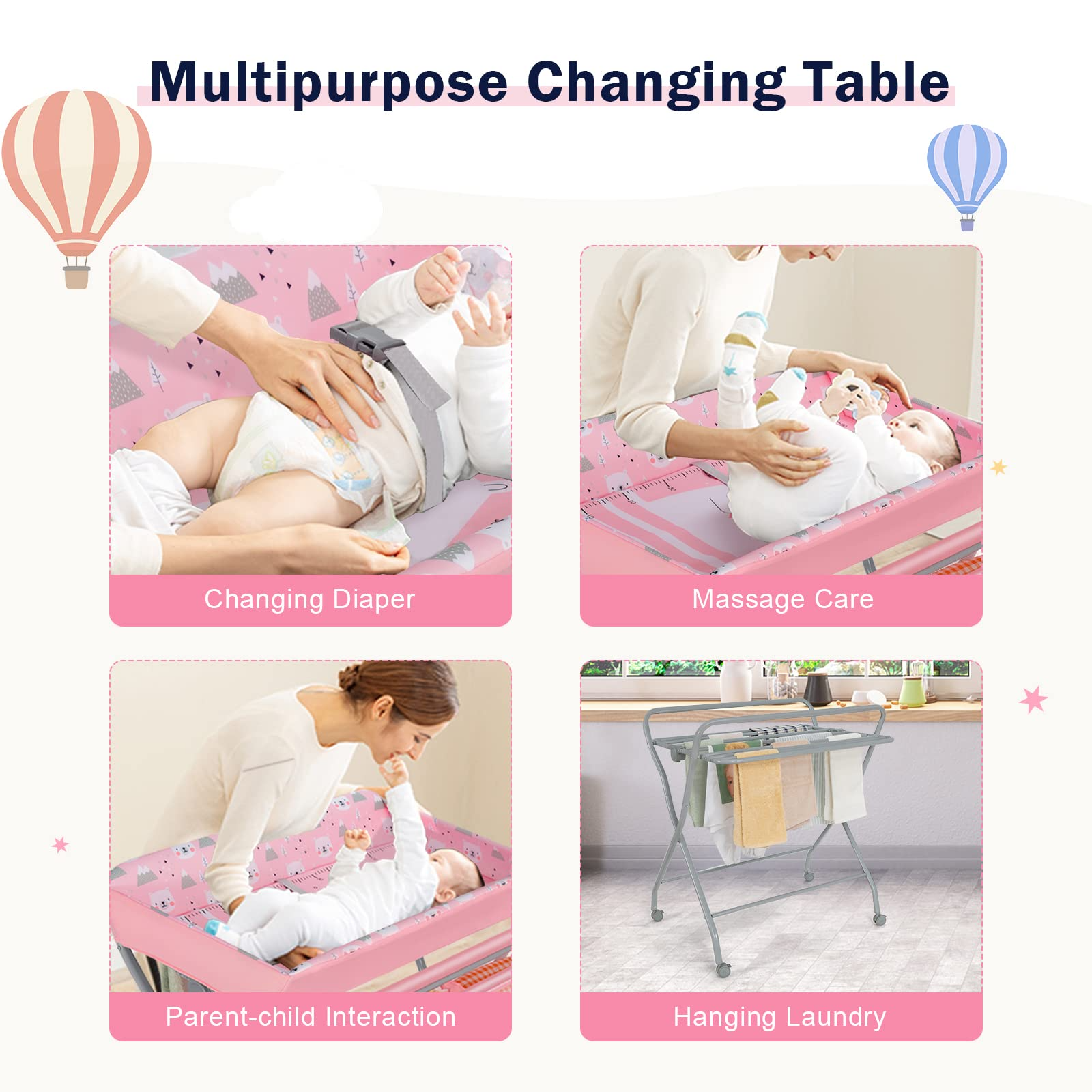 Costzon Portable Changing Table, Mobile Baby Changing Table with Wheels, Safety Belt, Large Storage Basket