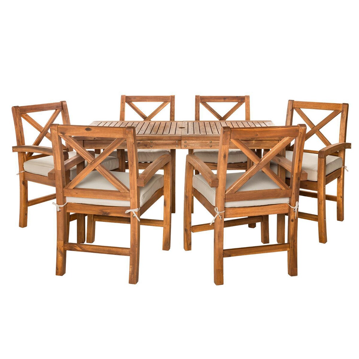 Ultimate Patio Camille Way 7 Piece Acacia Patio Dining Set W/ 60 X 34 Inch Rectangular Table and Natural Cushions