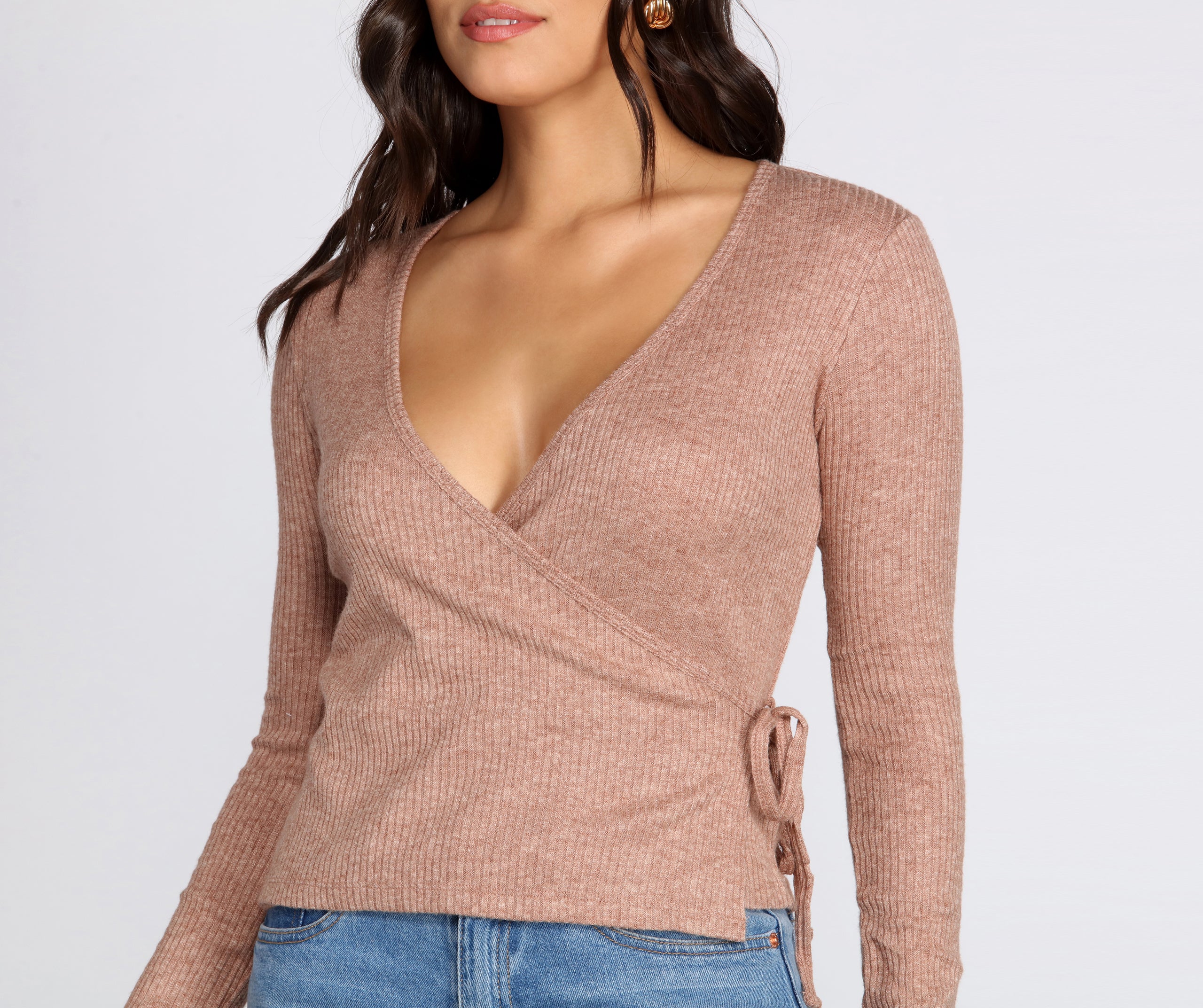 Ribbed Knit Tie Front Wrap Top