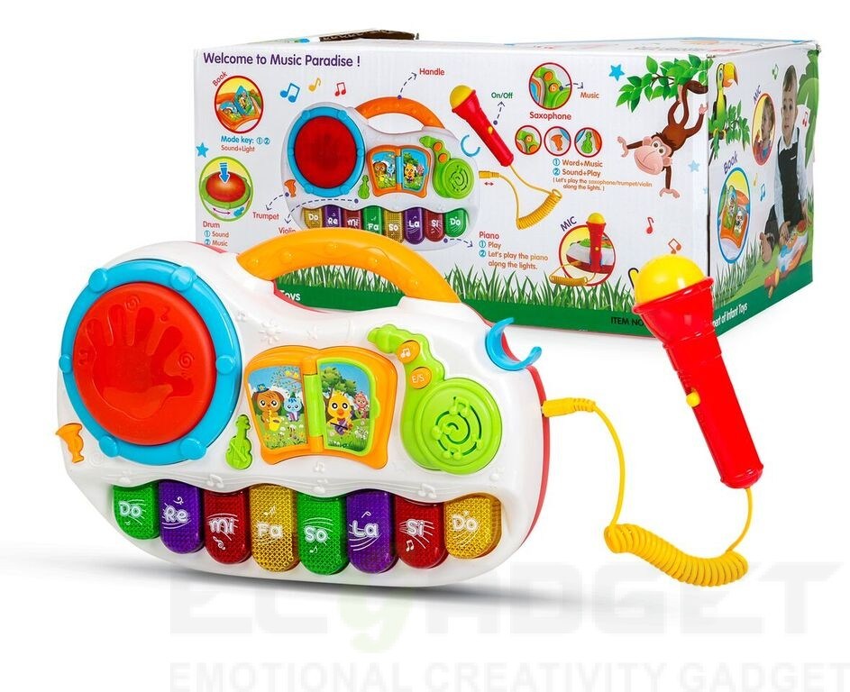 Play Baby Toys Discover And Play Music， Magical Piano With Sing Along Karaoke MIcrophone and Tap Me Drum Effect and Twisted DJ