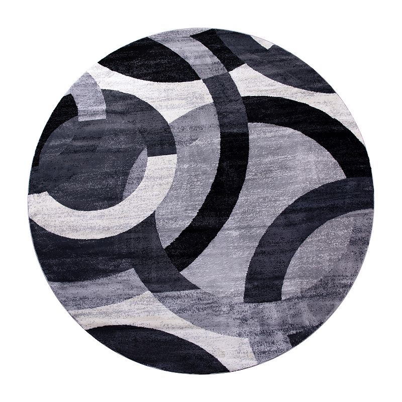 Masada Rugs Masada Rugs， Thatcher Collection Accent Rug with Interlocking Circle Pattern in Black/Grey with Olefin Facing and Natural Jute Backing - 5'x5' Round