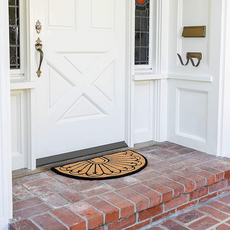 Half Round Natural Coir Nonslip Welcome Door Mat， Black Pattern (17 x 30 in.)