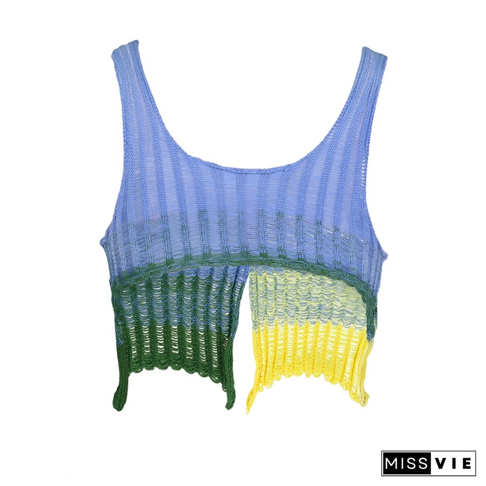 Y2k Knitted Tank Tops Aesthetic Gradient Color Crop Tops Single Button Mini Vest Women Basic Tee Shirt Streetwear