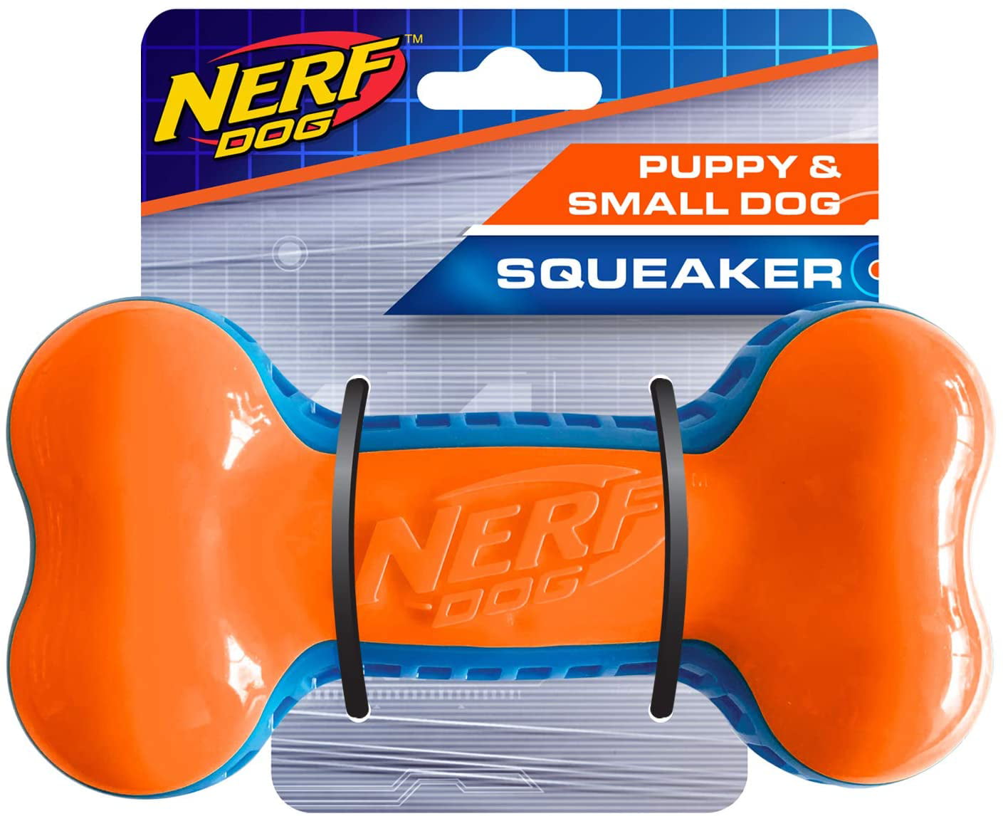 Nerf Dog TPR EXO Squeak Dog Toy， Lightweight， Durable and Water Resistant， Single Unit， Blue/Orange