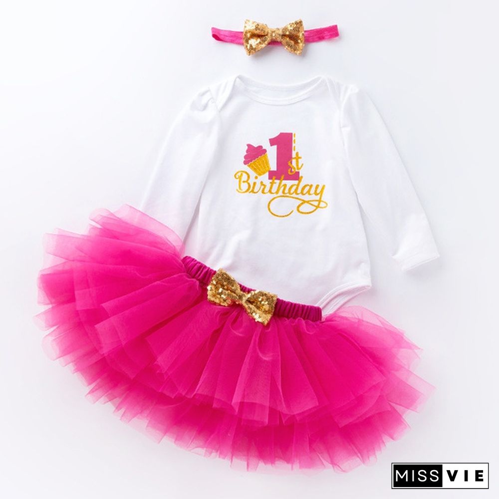 2 Style Baby Girls First Birthday Christmas Outfits 3Pcs = Long Sleeve Cotton Romper + Tutu Dress + Bowknot Headband Infant Kids Clothing