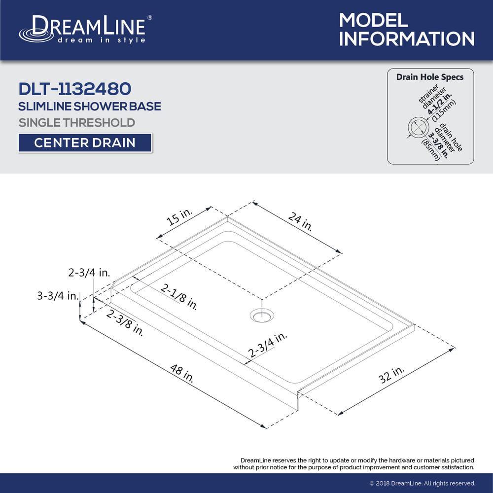 DreamLine SlimLine 48 inx 32 in Single Threshold Shower Base in White with Center Drain