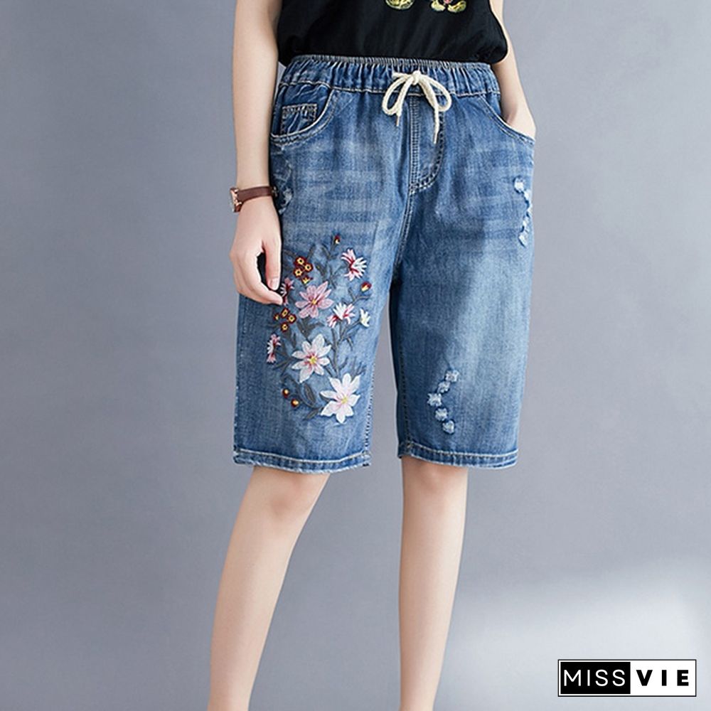 Women Summer Folk Style Elastic Waist Floral Embroidery Drawstring Ripped Shorts Female Office Lady Casual Loose Denim Short