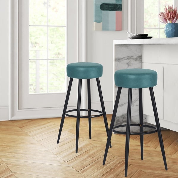 Adeco Set of 2 Bar Stools， Round Counter Height Stools with Footrest