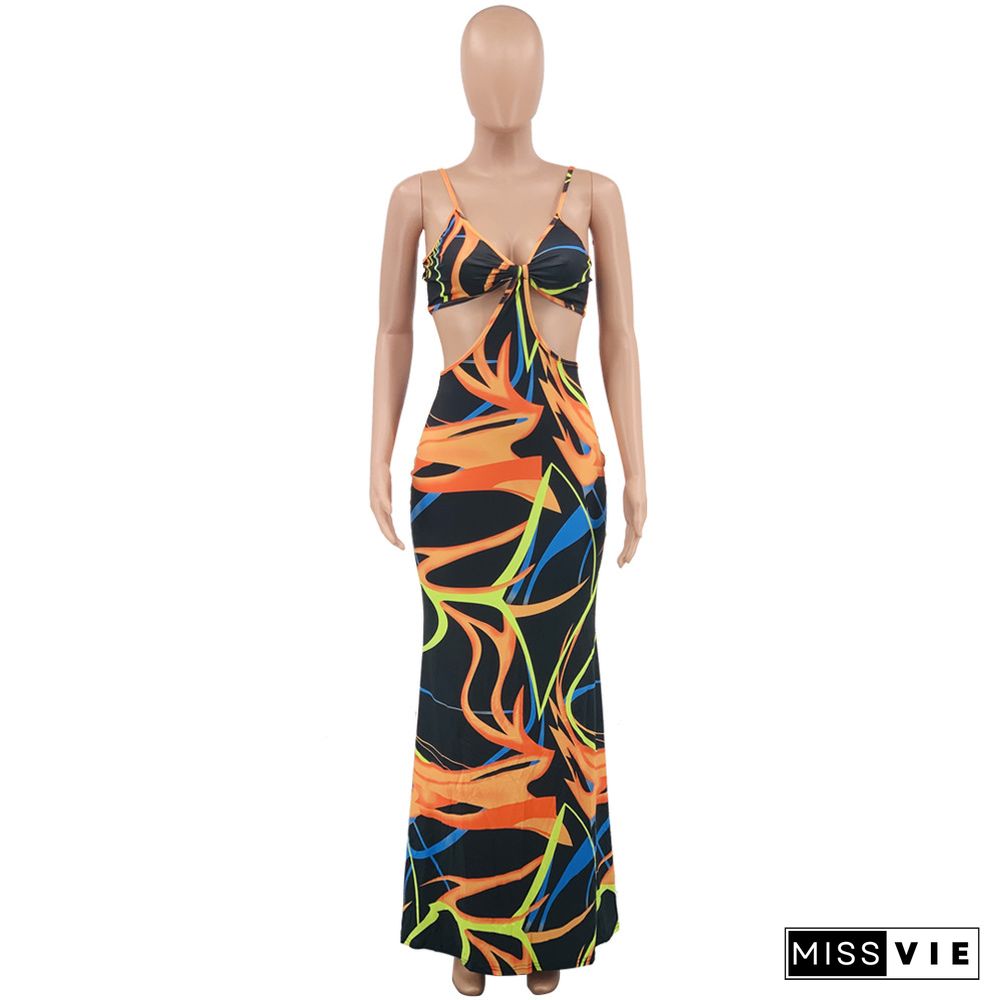 Sexy Tie Dye Sleeveless Spaghetti Straps V-Neck Hollow Out Stretchy Streetwear Bodycon Maxi Dresses