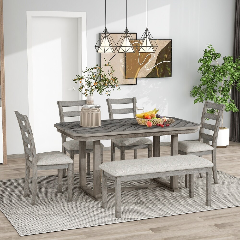 6 Piece Rubber Wood Dining Table Set with Beautiful Wood Grain Pattern Tabletop Solid Wood Veneer and Soft Cushion