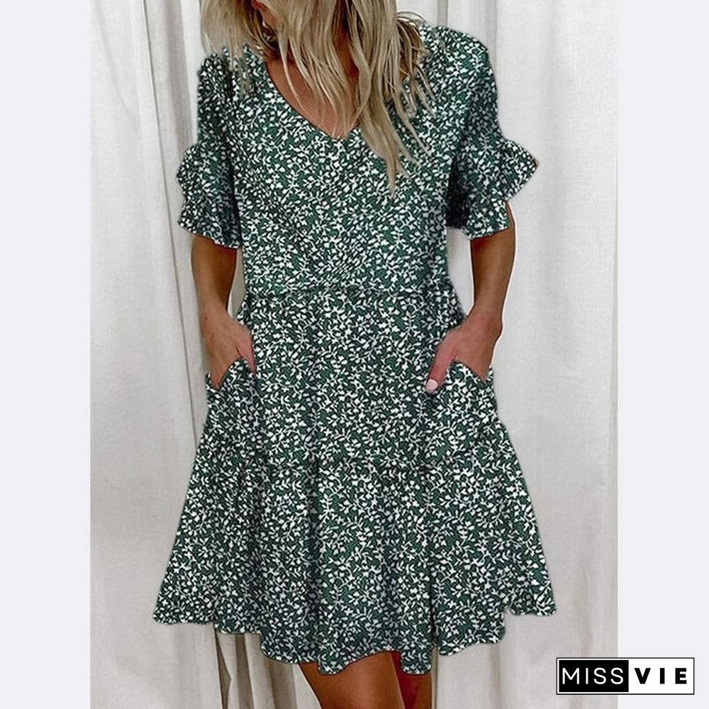 Fashion Short Printed Ruffle Pocket Dress Women Casual Loose Shoprt Sleeve Boho Dress Vestidos De Mujer