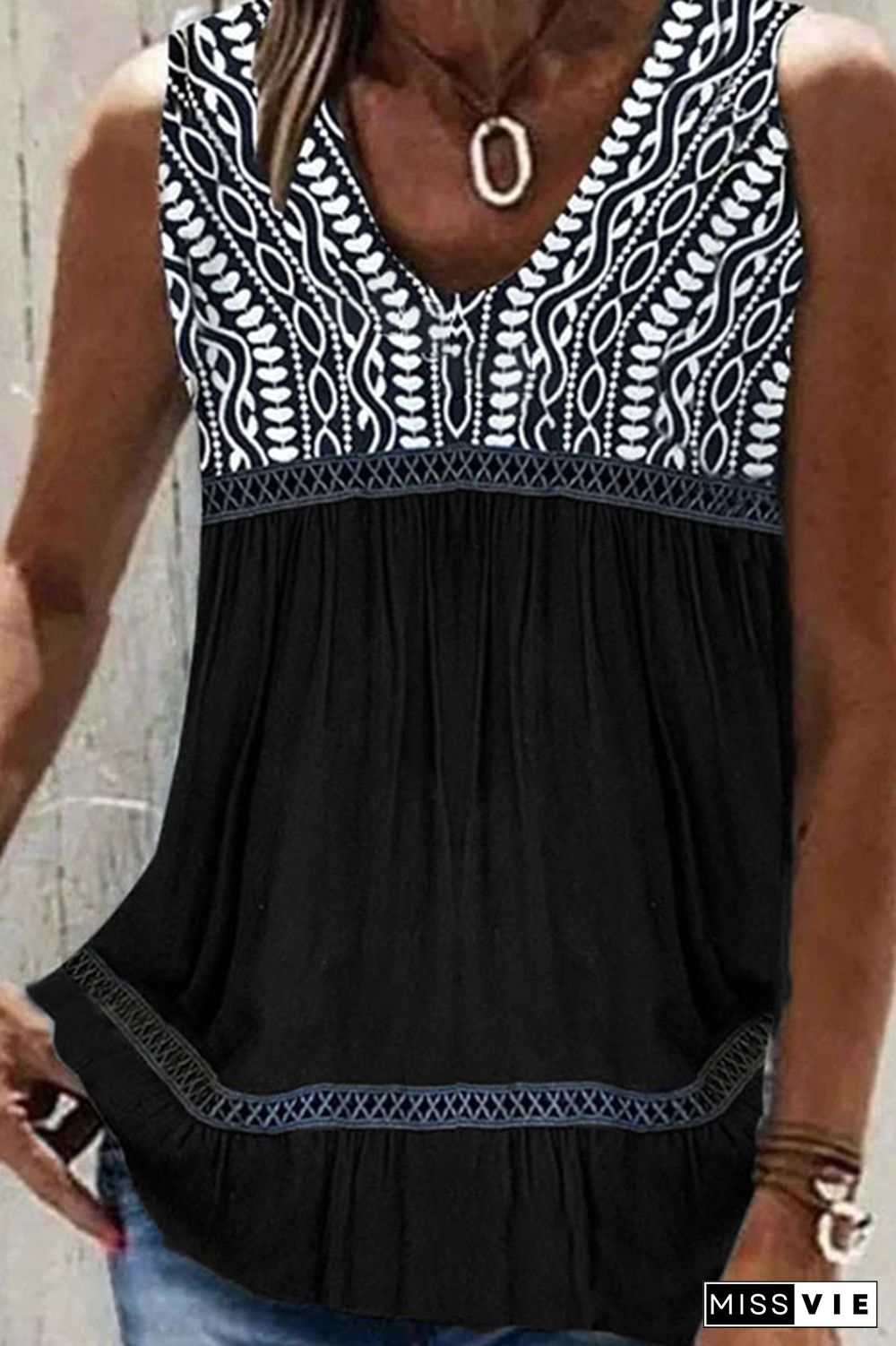 V Neck Color Block Printed Tank Top