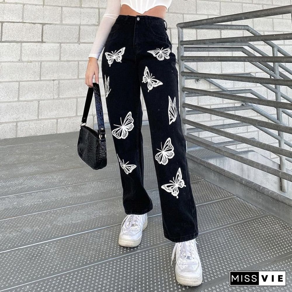 Weekeep Black Fashion Vintage Straight Jeans Butterfly Print High Waisted Women Slim Denim Pants Streetwear Trousers Cargo Pants