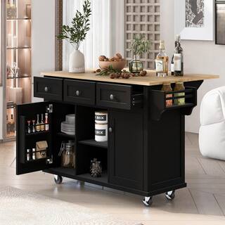 Black Wood 53.1 in. Kitchen Island on 5-Wheels with Storage Cabinet and 3-Drawers for Dinning Room LH-703