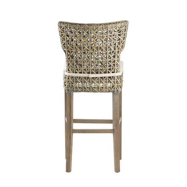 30 Inch Bar Chair， Wood Frame， Armless， Rattan Woven Seat， Classic， Gray