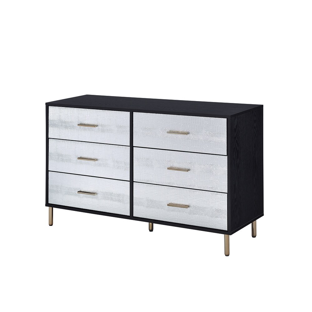 Contemporary Style 6 drawer Dresser  Metal Legs  Faux Crocodile Skin Pattern  2/3 Extension Drawer  Side Metal Glide Drawer