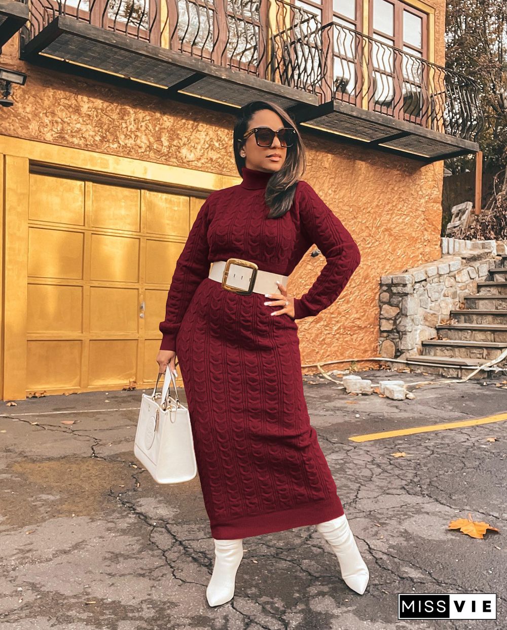 Turtleneck Long Sleeve Twist Knitted Sweater Dress