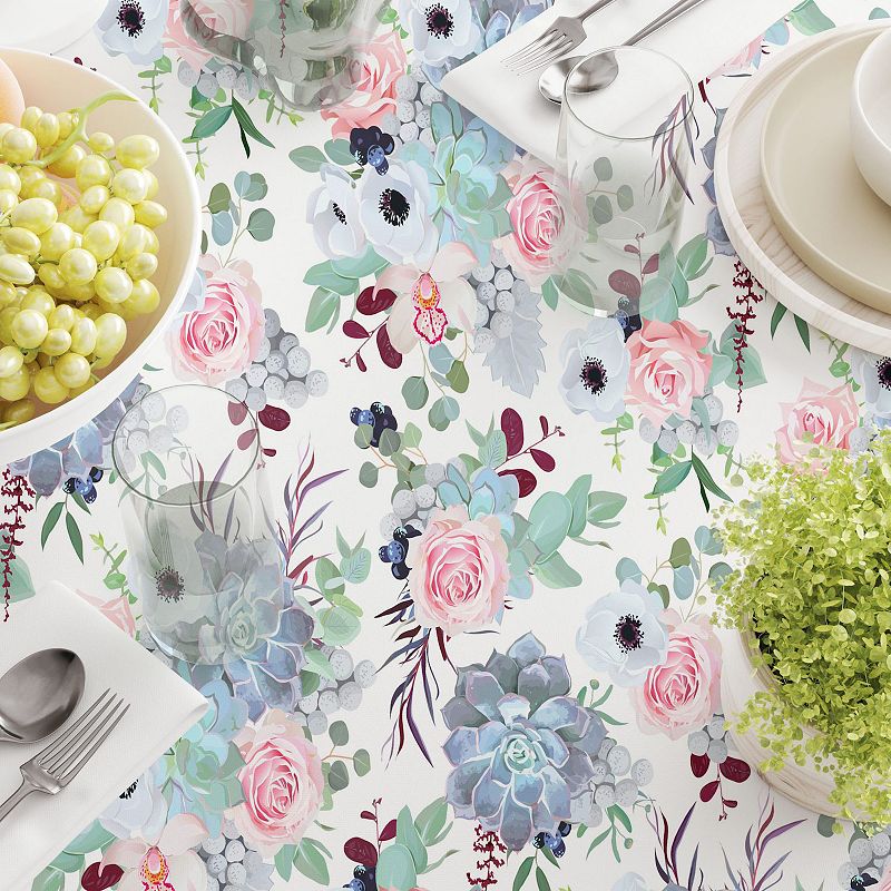 Square Tablecloth， 100% Polyester， 70x70， Pink Roses and Succulents