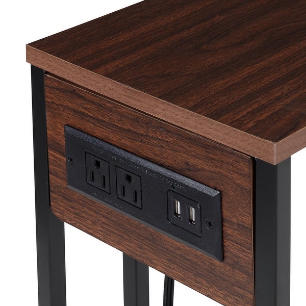 Walnut/Black C-Shape Rolling Side Table with Outlets