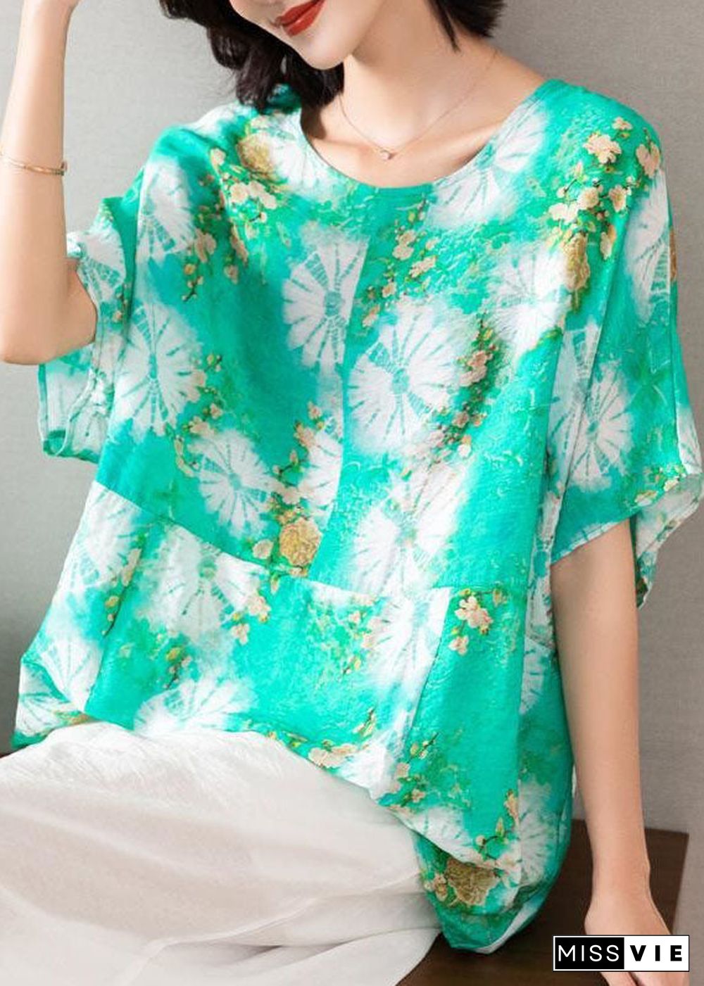 Casual Green O Neck Print Patchwork Silk Blouse Top Batwing Sleeve