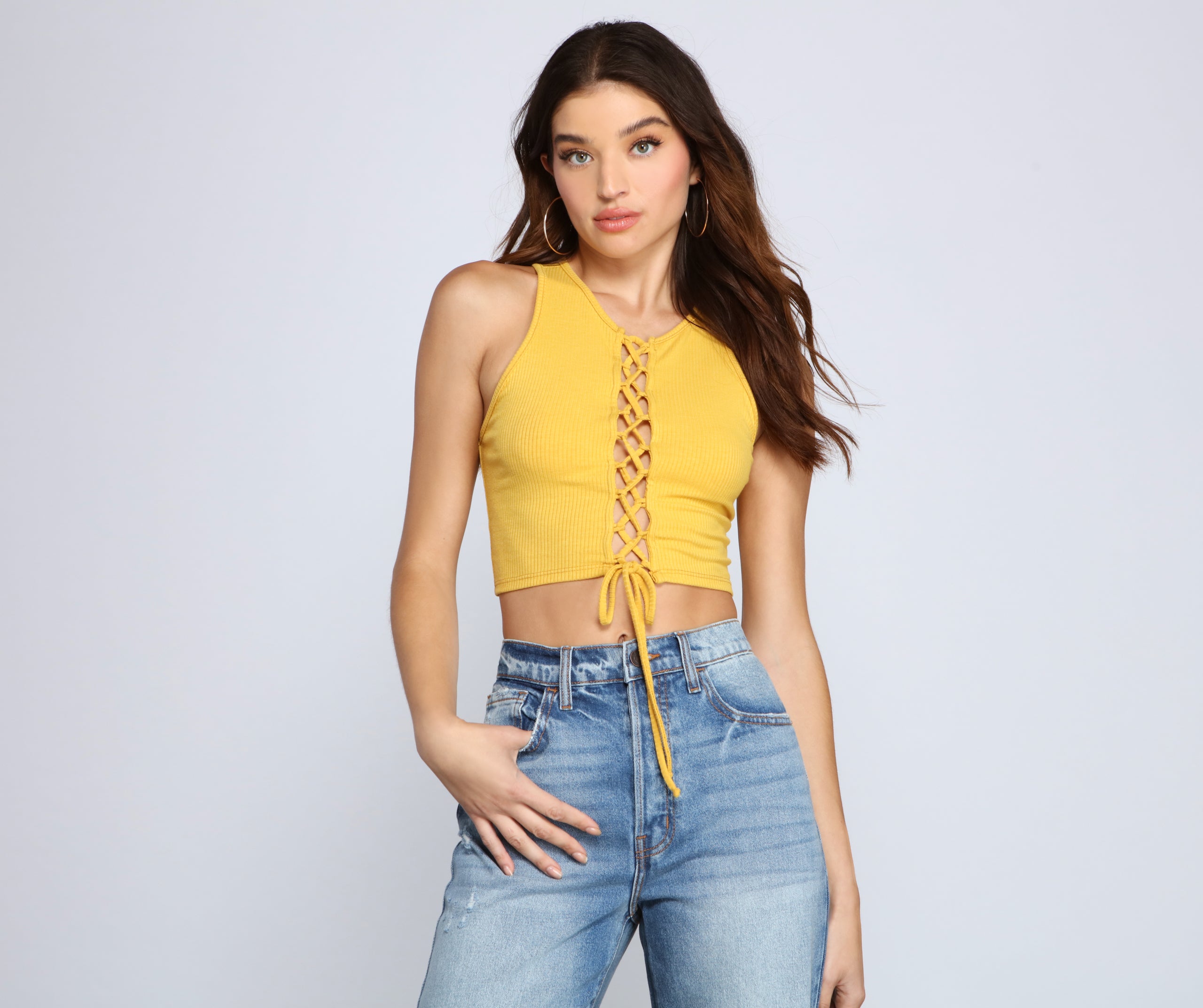 Totally Chic Lace Up Ribbed Knit Top