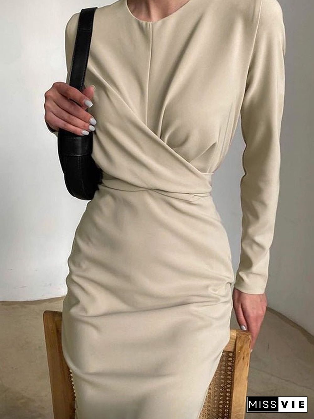 Women'S Dresses Round Neck Long Sleeve Slim Slit Midi Dress