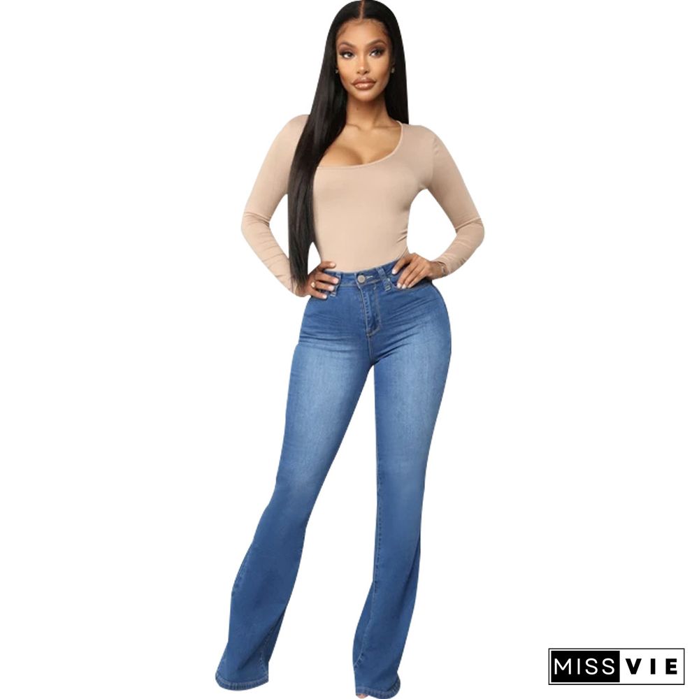 High Waist Full Length Slim Flare Jeans Pants