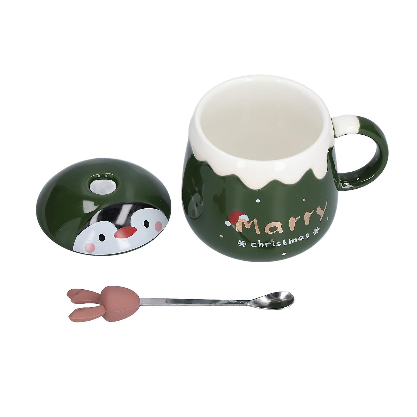 450ml Christmas Cup Cute Elk Coffee Mug Ceramic Tea Milk Cup with Lid Spoon for OfficeType B Green