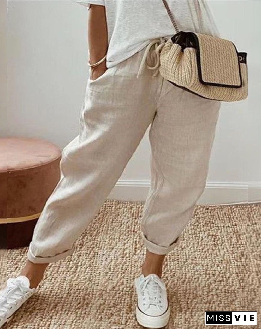 Apricot Plain Side Pocket Elastic Drawstring Waist Pants