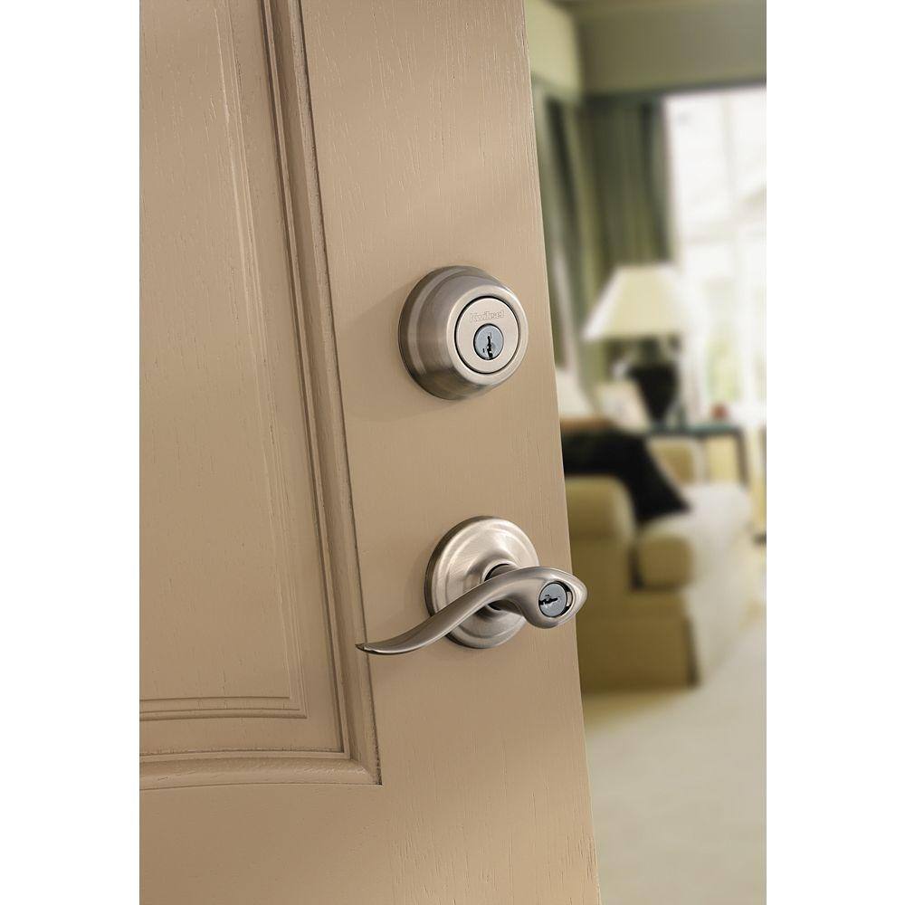 Kwikset Tustin Satin Nickel Exterior Entry Door Handle and Single Cylinder Deadbolt Combo Pack Featuring SmartKey Security 991TNL 15 SMT CP