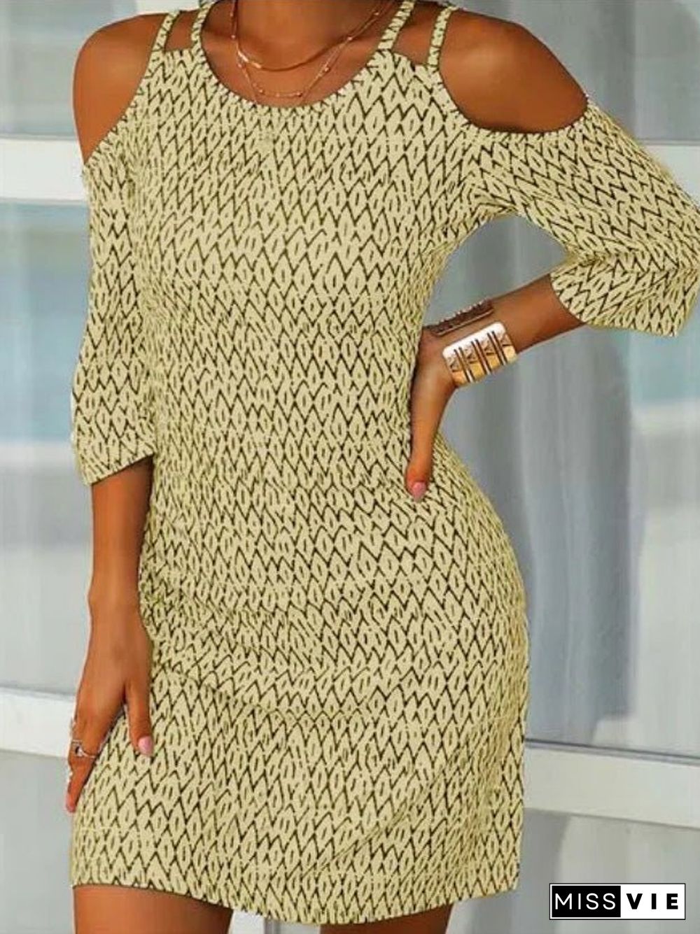 Women'S Dresses Printed Off-Shoulder Mid Sleeve Dress