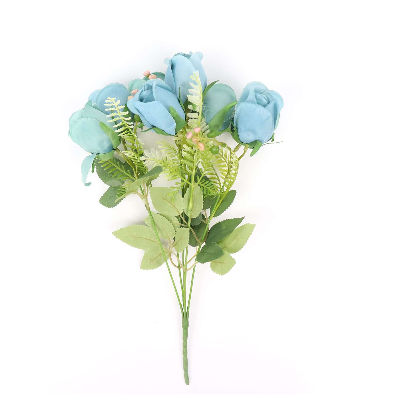 3 Pack Dusty Blue Real Touch Artificial Rose Bud Flower Bridal Bouquets, Silk Floral Bush Arrangements 13