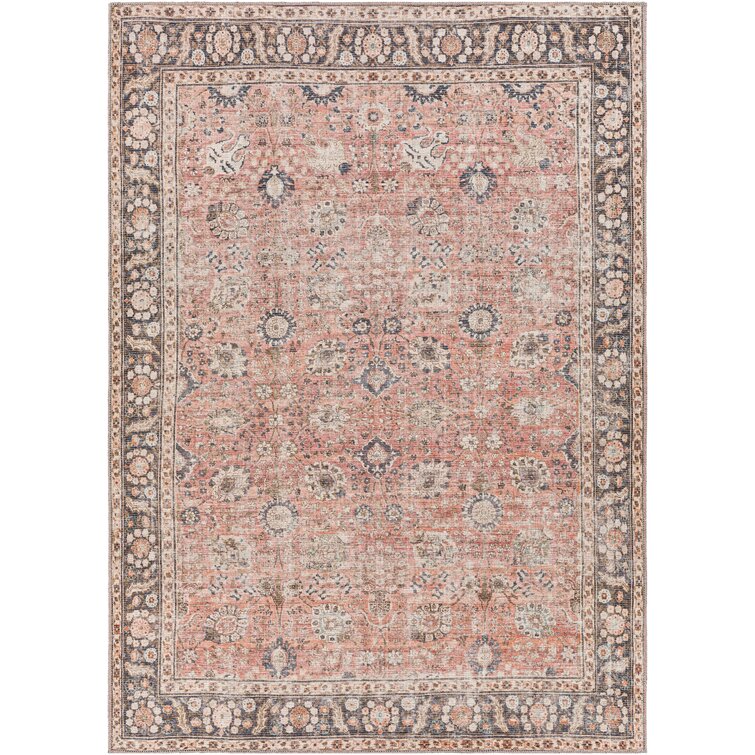 Bria Machine Washable Oriental Dusty Coral/Brick Red Area Rug