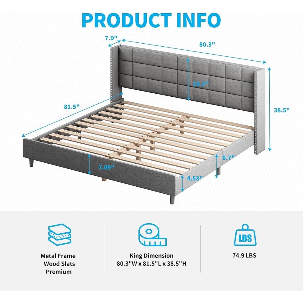 Mixoy Bed Frame  Bedroom Furniture  Premium Velvet  Wooden Bed Frame with Two Rows of Rivet Design