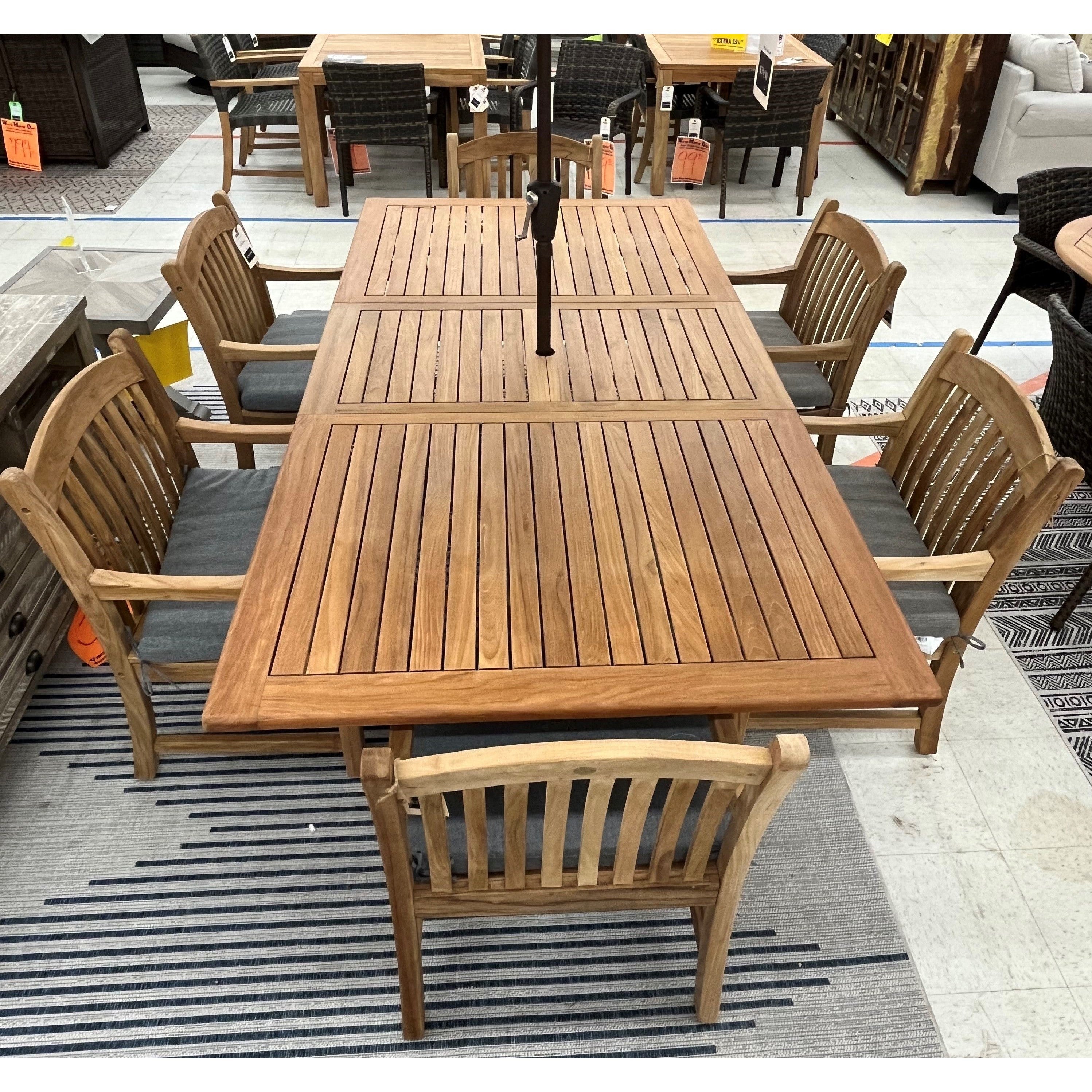 Bali Teak 7pc Outdoor Dining Set (Teak Rectangular Extendable Table 70-94 with 6 Teak Tista Armchairs +FREE Cushions)