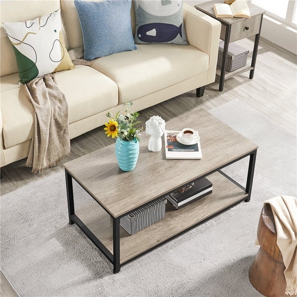 Industrial Coffee Table with Storage Shelf， Rustic Gray