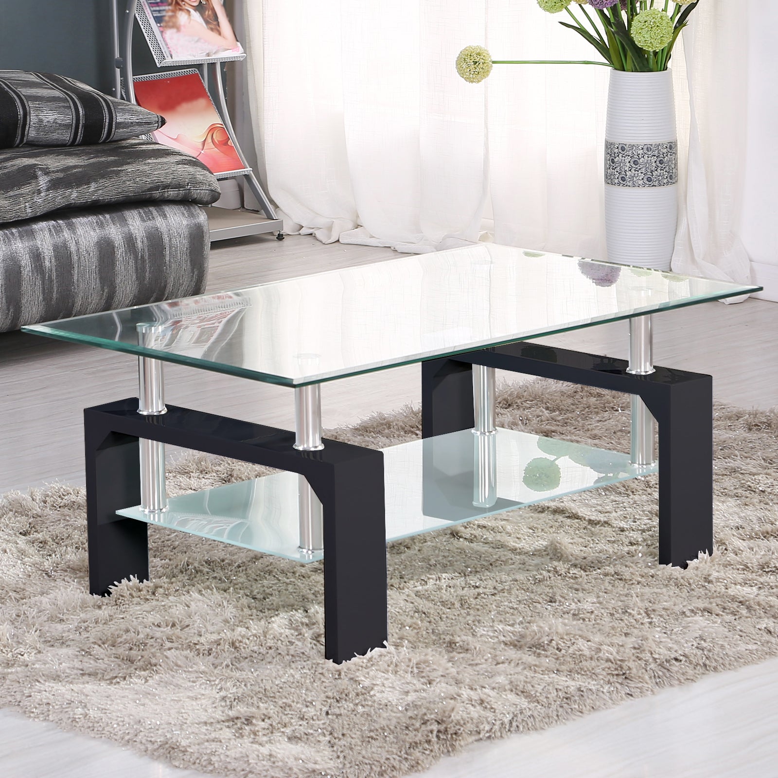 Zimtown Black Coffee Table Rectangular Living Room Home Office Glass Top Wooden Frame