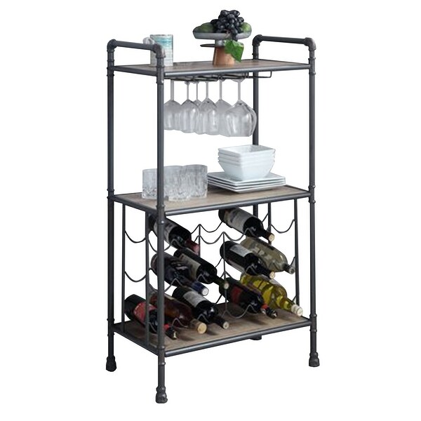 Wine Bottle Rack with 2 Tier Shelves and Metal Frame， Gray