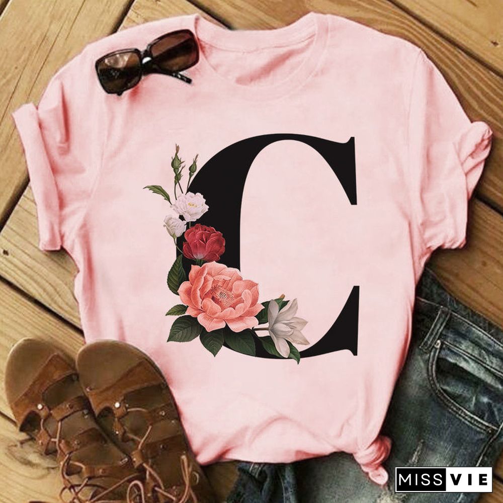 26 Letter Alphabet A-Z Women T-Shirts Fashion Breathable Flowers Short Sleeve Casual Tops Couple Basic Tee Crew Neck Clothes Top