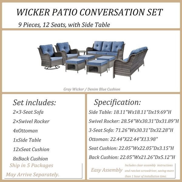 Wicker Patio Furniture Conversation Set with High Back Swivel Chairs and Storage Ottomans，Cushions Included🎃