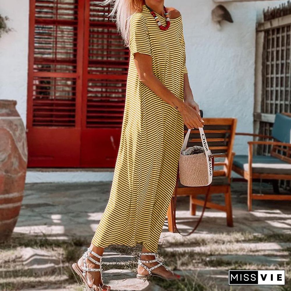 Stripe Contrast Short Sleeve Casual Daily Long Dress