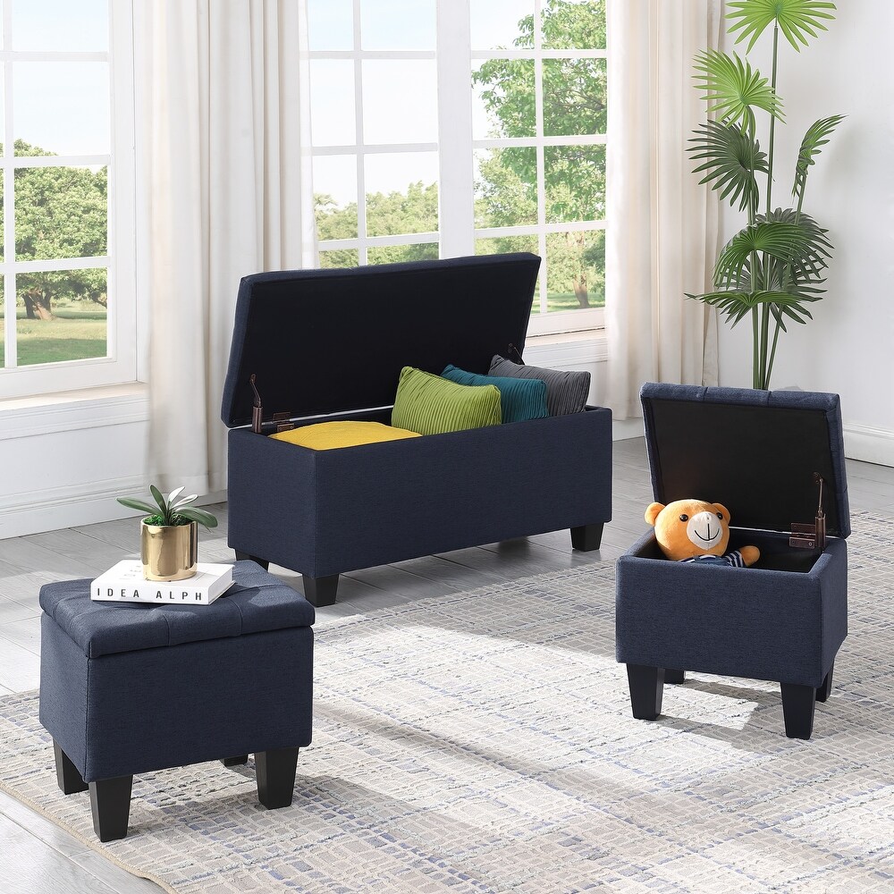 3 Pcs Large Storage Ottoman Bench Set  Combination Ottoman  Tufted Ottoman Linen Bench for Living Room  Hallway  Bedroom