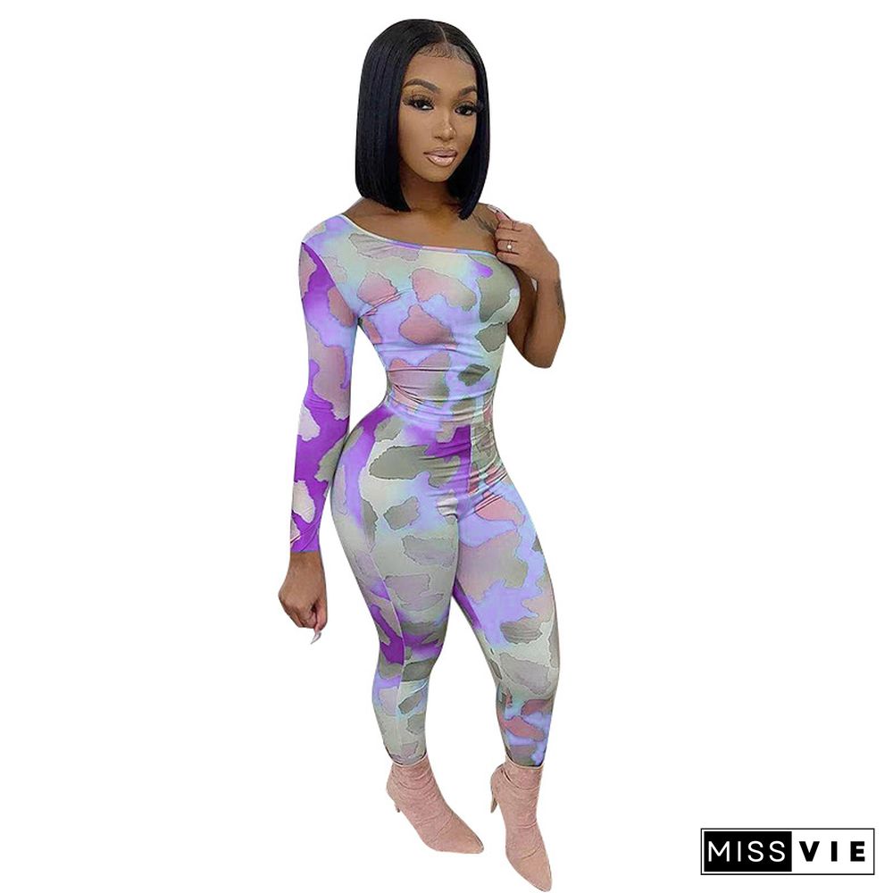 Tie Dye Printed Single Shoulder Bodycon Jumpsuits